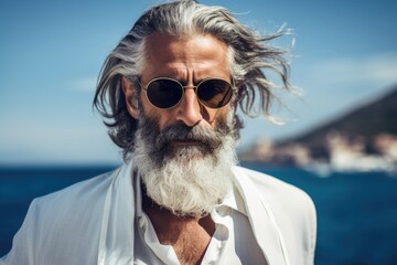 Stylish mature businessman face portrait, blurred blue sea and sky. Senior model with gray hair and black sunglasses