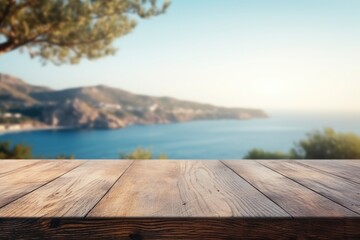 Wooden empty pier on the lake. Blank table top in front, blurred beautiful island and sea. Summer vacation travel banner