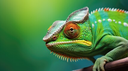 Chameleon on a branch, green empty background
