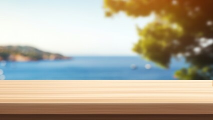 Empty table top in front, blurred summer Greece background. Summer vacation banner with empty space. Blank table counter for advertising product