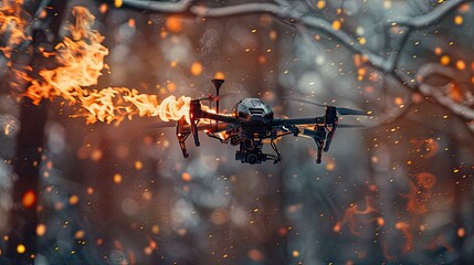 Witness a flying drone engulfed in flames against a sinister background.