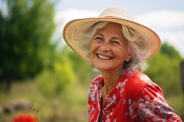 Face portrait of a happy senior woman in the garden. Smiling gray haired old lady look at camera