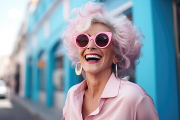 Happy mature woman with pink hair face portrait. Stylish businesswoman face 