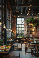 Fototapeta na wymiar A Chic Urban Restaurant with Exposed Brick Walls and Edison Bulb Lighting