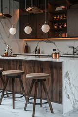 Cozy Breakfast Bar with Modern Stools and Marble Countertop