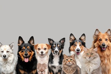 A group of dogs and cats are standing in a row, with the dogs on the left