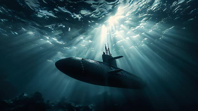 A combat submarine plunges into the ocean depths on a military mission, a play of light underwater.