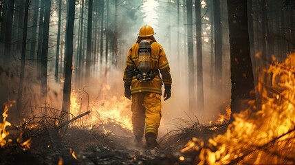 Naklejka premium Experience the adventure! A young hero stands amidst a forest fire in his firefighter suit, surrounded by gloom and danger