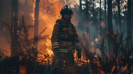 Experience the adventure! A young hero stands amidst a forest fire in his firefighter suit, surrounded by gloom and danger