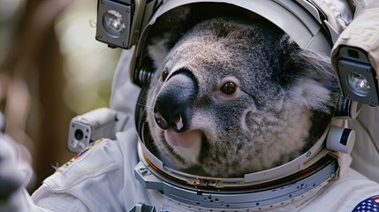 Koala in an astronaut costume. Mascot, wild animal, surrealism, realistic style, close-up, NASA, costume photo shoot for pet. Concept of a wild animal in human clothing. Generative by AI