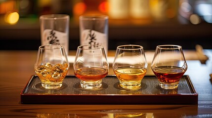 Japanese whiskey with selection of single malts and blends. Alcohol, glass, tasting, sommelier, bar, club, quality drink. People enjoy aromatic drinks and company of friends concept. Generative by AI
