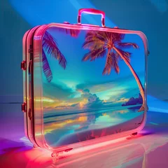 Foto op Plexiglas An image of translucent suitcase reflecting an image of a beach, seashore. tropical background, bright colors, summer beach. © Irena