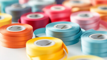 Array of colorful ribbons neatly rolled up, creating a pattern of vibrant hues and textile textures.