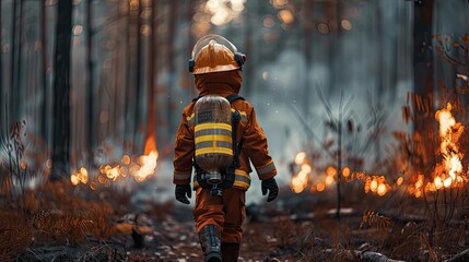 Experience the adventure! A young hero stands amidst a forest fire in his firefighter suit, surrounded by gloom and danger - obrazy, fototapety, plakaty