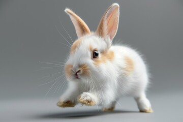 A baby rabbit is running on a grey surface