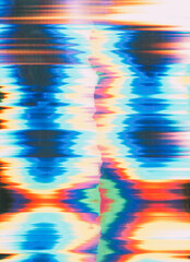 Glitch background. Screen distortion. Blue orange green white color rainbow light leaks retro hologram digital defect art vibration abstract.