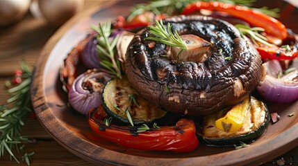 Grilled portobello mushrooms served with roasted vegetables. Restaurant dish, serving, close-up, seasonal offering, difficult to prepare. Culinary excellence, sophistication concept. Generative by AI