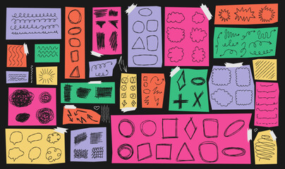 A collection of colorful sticky notes with a variety of hand-drawn sketches and doodles. Lines, arrows shapes, scribbles, frames and strokes. Notebook page pen and markers doodles.