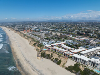 Aerial view of Del Mar Shores, California coastal cliffs and House with blue Pacific ocean. San...