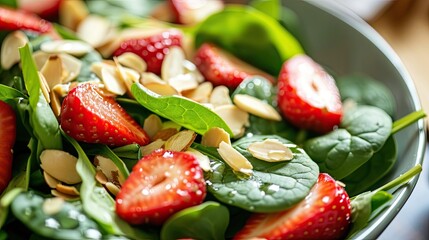 Fresh spinach salad topped with sliced almonds and strawberry. Homemade dish, serving, close-up, diet food, easy to prepare. Culinary excellence, sophistication concept. Generative by AI