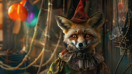 Fox dressed in clown costume, zoo mascot, close-up. The fox smiles, she likes the human costume. Wild creature juxtaposed with whimsy of clown costume. Generative by AI