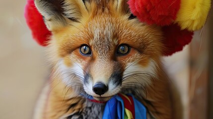 Obraz premium Fox dressed in clown costume, zoo mascot, close-up. The fox smiles, she likes the human costume. Wild creature juxtaposed with whimsy of clown costume. Generative by AI