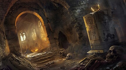 Forgotten crypt containing the remains of long-dead knights. Mysticism, paranormal, creepy place, dust, dampness, skulls, bones, not a soul, ruins, underground structure, fear. Generative by AI