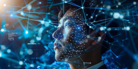 A businessman with an AI hologram face, surrounded by digital connections and data streams in the background