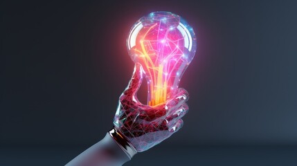 The delicate grasp of a polygon cyborg hand on a colorful light bulb, a 4k representation of AI-assisted creative enlightenment