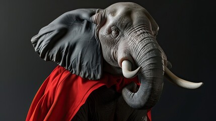 Elephant in a superhero costume, cloak. Mascot, wild animal, surrealism, realistic style, close-up, trunk, costume photo shoot for pet. Concept of a wild animal in human clothing. Generative by AI - obrazy, fototapety, plakaty