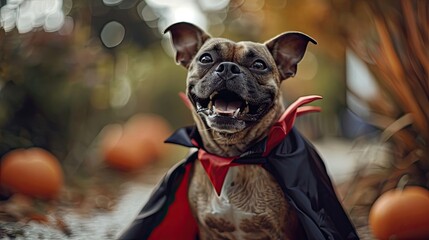 Dog dressed as vampire, explores world in unusual cloak. This pet mascot, loyal friend to humans, engages in a playful costume photoshoot, fur, capturing hearts, adorable appearance. Generative by AI
