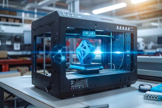 3D printer creating a blue geometric model in a high-tech workshop