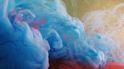Color smoke. Paint water swirl. Liquid acryl. Blue red haze cloud fluid ink flow motion on...