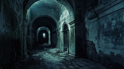 Dark and labyrinthine catacombs beneath an abandoned monastery. Gloomy place, ghosts, paranormal, gothic, middle ages, ruins, dust, dampness, underground structure, mysticism, fear. Generative by AI - obrazy, fototapety, plakaty