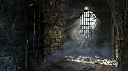 Damp and musty dungeon chamber with a barred window offering. Prison cell, ghosts, paranormal, gothic, middle ages, ruins, dust, dampness, underground structure, mysticism, fear. Generative by AI