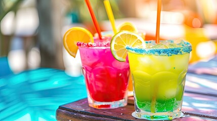 Colorful margarita cocktails served on sunny outdoor patio. Pool, summer, relaxation. Have great time in stylish place where people enjoy aromatic drinks, company of friends concept. Generative by AI