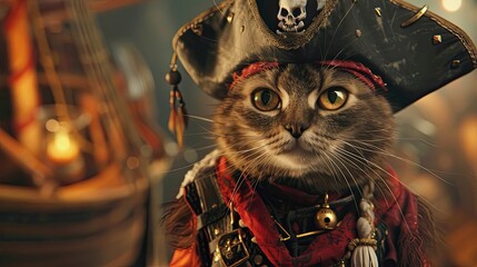 Cat in pirate costume. Mascot, man little friend, pet, close-up, feelers, costume photo shoot for pet. The cat's face, with emphasis on its expressive eyes and twitching whiskers. Generative by AI