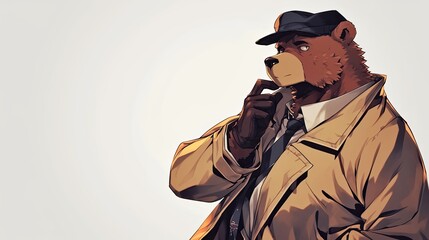 Serious detective bear in trench coat and fedora, with cigar, investigates crime scene. His focused expression shows determination to crack the case, blending wild with human. Generative by AI - obrazy, fototapety, plakaty