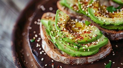 Avocado toasted sprinkled with red pepper flakes and sesame seeds. Restaurant dish and serving, close-up, easy to prepare course. Concept of culinary excellence and sophistication. Generative by AI - obrazy, fototapety, plakaty