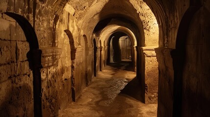 Fototapeta premium Underground labyrinth of twisting tunnels and secret chamber. Gloomy place, ghosts, dust, secret tunnel, paranormal, gothic, middle ages, ruins, dampness, mysticism, fear. Generative by AI