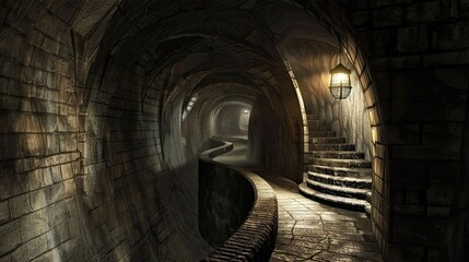 Naklejka premium Underground labyrinth of twisting tunnels and secret chamber. Gloomy place, ghosts, dust, secret tunnel, paranormal, gothic, middle ages, ruins, dampness, mysticism, fear. Generative by AI