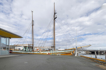 The sailing boat Anne Margrethe is 73 feet and was built around 1880. Here at the quay in Trondheim harbor - 786576759