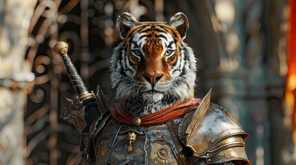 Tiger in a knight costume, cavalier, medieval theme, mane. Mascot, wild animal, surrealism, close-up, big cat, costume photo shoot for pet. Presenting pride and greatness concept. Generative by AI