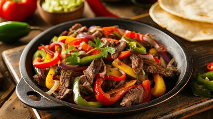 Tasty beef fajitas served with warm tortillas and vegetables, sprinkled with herbs. Restaurant dish, seasonal offering, proper nutrition, diet food. Culinary aesthetics concept. Generative by AI