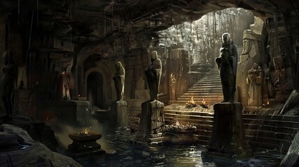 An underground chamber filled with treasure troves, guarded by traps, raised statues. Ruins, buildings of ancient civilizations, mysticism, paranormalism, otherworldly forces, magic. Generative by AI