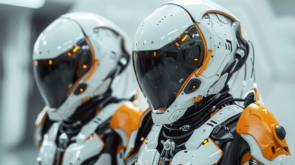 Fototapeta premium Astronauts warriors soldiers of the future cyborg in cyberpunk outfits, futuristic, high-tech, standing in formation. In a spacesuit and helmet, robot, transformer, android. Cyberpunk society. 