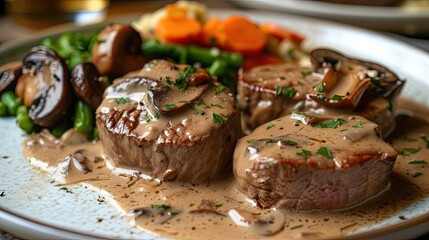 Steak Diana cooked with mushroom tenderloin, thick sauce, sprinkled with herbs. Restaurant dish, serving, seasonal offering, proper nutrition, diet food. Culinary aesthetics concept. Generative by AI