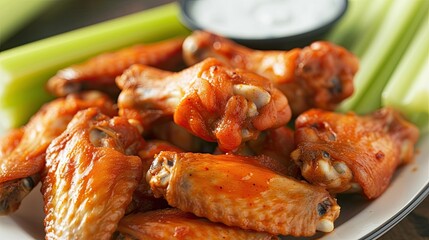 Spicy buffalo chicken wings served with celery sticks and hot sauce. Restaurant dish, serving, seasonal offering, proper nutrition, diet food. Culinary aesthetics concept. Generative by AI