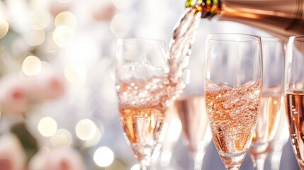 Sparkling rose wine poured into delicate crystal stemware, against a plain background, highlights. Alcohol, glass, golden liquid. High-quality product and its presentation concept. Generative by AI
