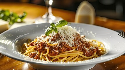 Spaghetti Bolognese topped with freshly grated Parmesan cheese, herbs on top. Restaurant dish, serving, seasonal offering, proper nutrition, diet food. Culinary aesthetics concept. Generative by AI